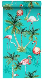 behang XXL flamingos turquoise, groen en roze Blauw