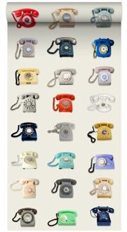 behang XXL retro telefoons beige, grijs, rood en blauw