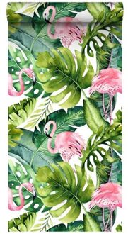 behang XXL tropische bladeren met flamingo's groen en roze Blauw