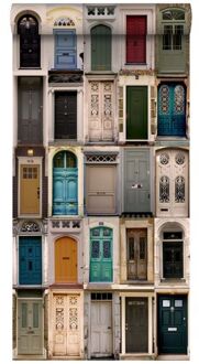 behang XXL vintage deuren beige, blauw, rood en groen