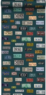 behang XXL vintage license plates petrolblauw