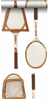 behang XXL vintage tennisrackets wit, bruin en beige Blauw