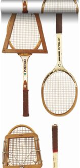 behang XXL vintage tennisrackets wit, bruin en beige Blauw