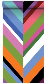 behang XXL zigzag motief groen, roze, paars en blauw