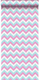 behang zigzag motief turquoise en roze Blauw