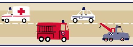 behangrand brandweerauto en politieauto beige, rood en blauw Beige, Rood, Blauw