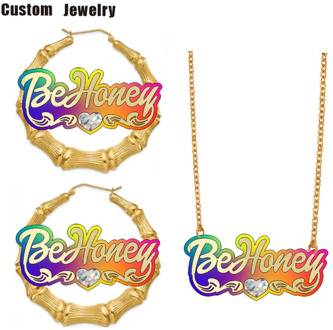 BeHoney Fashion Simple Personality Acrylic Custom Name bamboo Earrings Cartoons rainbow Name Necklace Jewelry Christmas Gift C4