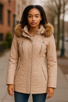 Beige gewatteerde leren parka voor dames - Winton - EU 36 / UK 8