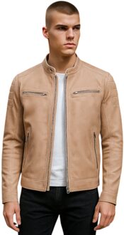 Beige moderne klassieke leren gewatteerde bikerjas voor heren - Mackay - maat 2XL