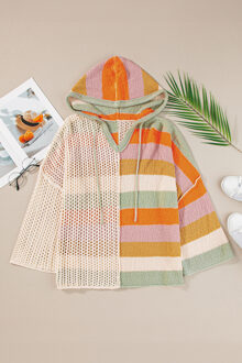 Beige Oversized Colorblock V-Hals Hooded Sweater