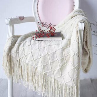 Beige Worp Deken Geweven Effen Zachte Sofa Couch Cover Decoratieve Gebreide Deken 4