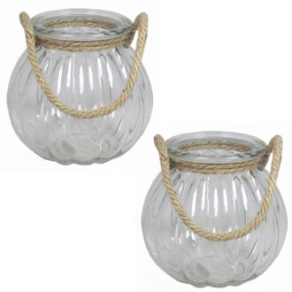 Bela Arte 2x stuks glazen ronde windlichten 2 liter met touw hengsel/handvat 14,5 x 14,5 cm - Vazen Transparant