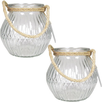 Bela Arte 2x stuks glazen ronde windlichten Crystal 2,5 liter met touw hengsel/handvat 16 x 14,5 cm - Vazen Transparant