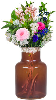 Bela Arte Bloemenvaas Milan - transparant bruin glas - D15 x H20 cm - melkbus vaas met smalle hals