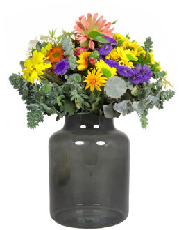 Bela Arte Bloemenvaas Milan - transparant smoke grijs glas - D15xH20 cm - melkbus vaas met smalle hals - Vazen