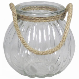 Bela Arte Glazen ronde windlicht 2 liter met touw hengsel/handvat 14,5 x 14,5 cm - Waxinelichtjeshouders Transparant