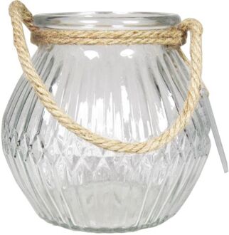 Bela Arte Glazen ronde windlicht Crystal 2,5 liter met touw hengsel/handvat 16 x 14,5 cm - Waxinelichtjeshouders Transparant