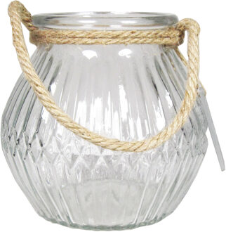 Bela Arte Glazen ronde windlicht Crystal 2,5 liter met touw hengsel/handvat 16 x 14,5 cm