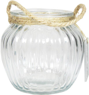 Bela Arte Glazen ronde windlicht Ribbel 2 liter met touw hengsel/handvat 15 x 14,5 cm - Waxinelichtjeshouders Transparant