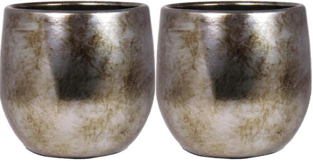 Bela Arte Set van 2x plantenpot/bloempot keramiek glans goud antieklook patroon - D16/H14 cm