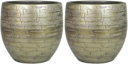 Bela Arte Set van 2x plantenpot/bloempot keramiek glans goud stones patroon - D16/H14 cm - Plantenpotten Goudkleurig