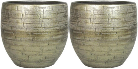 Bela Arte Set van 2x plantenpot/bloempot keramiek glans goud stones patroon - D24/H22 cm - Plantenpotten Goudkleurig