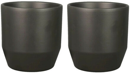 Bela Arte Set van 2x plantenpot/bloempot keramiek mat antraciet - D12/H11 cm