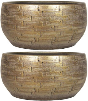 Bela Arte Set van 2x plantenpot/bloempot schaal keramiek glans goud stones patroon - D29/H14 cm - Plantenpotten Goudkleurig