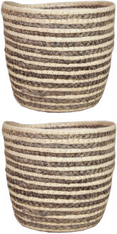 Bela Arte Set van 2x stuks naturel grijs rotan planten pot mand van gedraaid jute/riet H13 en D16 cm - Plantenpotten Crème