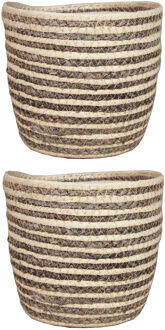 Bela Arte Set van 2x stuks naturel grijs rotan planten pot mand van gedraaid jute/riet H16 en D19 cm
