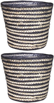 Bela Arte Set van 2x stuks naturel zwart rotan planten pot mand van gedraaid jute/riet H13 en D16 cm