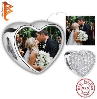 BELAWANG 925 Sterling Silver Sparkling Cubic Zirconia Heart Photo Charm Fit Bracelet Customize Photo Love Beads DIY Jewelry
