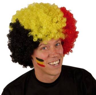 Belgie supporters vlag kleuren pruik - grote afro pruik - Volwassenen - zwart - geel - rood