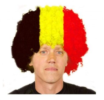 Belgie supporters vlag kleuren pruik - grote afro pruik - Volwassenen - zwart - geel - rood