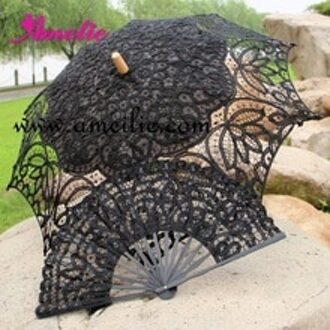 Belgische Wedding Lace Parasol En Fan Bridal Paraplu Bruiloft Set Zwarte Paraplu Fan Party Gunsten