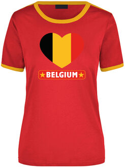 Belgium ringer t-shirt rood met gele randjes voor dames - Belgie supporter kleding XL