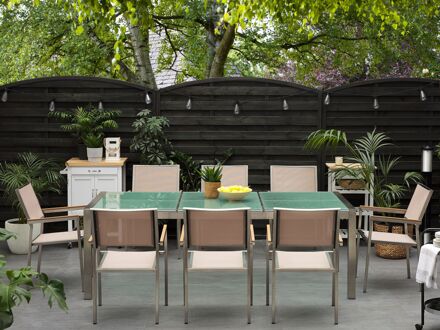 Beliani Tuinset matglas/RVS driedelig tafelblad 220 x 100 cm met 8 stoelen beige GROSSETO