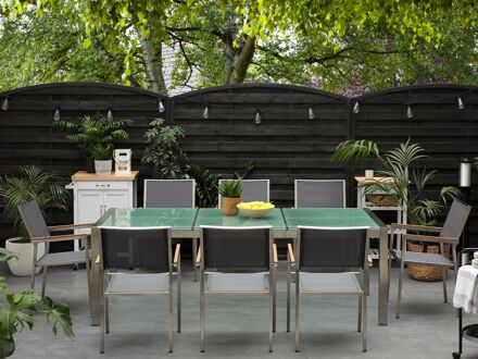 Beliani Tuinset matglas/RVS driedelig tafelblad 220 x 100 cm met 8 stoelen grijs GROSSETO