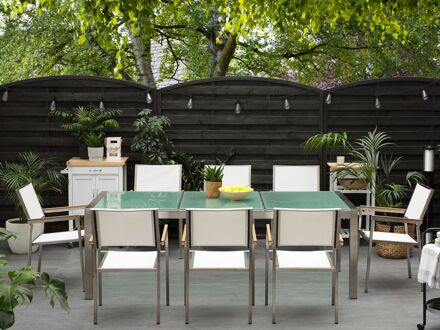 Beliani Tuinset matglas/RVS driedelig tafelblad 220 x 100 cm met 8 stoelen wit GROSSETO