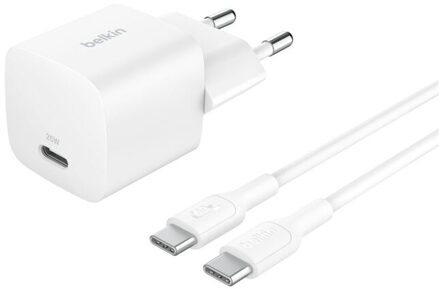 Belkin BoostCharge Compacte USB-C oplader 25W met USB-C naar USB-C kabel - 1 meter - Wit - 1m