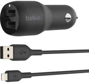 Belkin dual USB-A autolader met USB-A/Lightning kabel (Zwart)