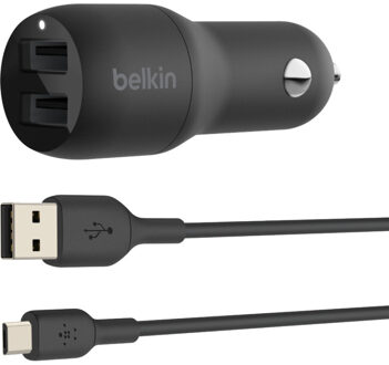 Belkin Dual USB-A Car Charger w/ 1M PVC A-mUSB, 24W Oplader Zwart