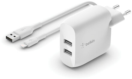 Belkin Dual USB-A Wall Charger w/ 1M PVC A-LTG, 24W Oplader Wit