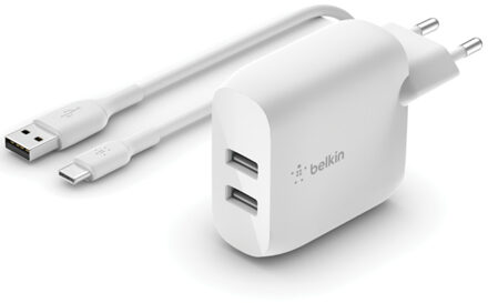 Belkin Dual USB Wall Charger + USB-A naar USB-C kabel - 24W Oplader Wit