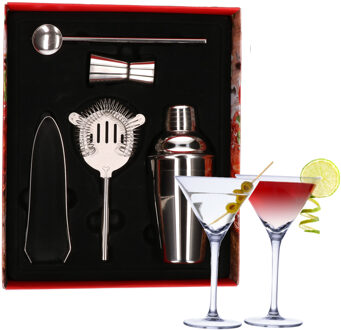 Bell Cocktailshaker set RVS 5-delig inclusief 4x cocktail/martini glazen 220 ml - Cocktailshakers Zilverkleurig