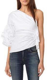 Bella Filosofie lente vrouwen drie kwart mouw blusas solid dames ruches shirt skew kraag vrouwelijke bladerdeeg mouw blouse wit / L