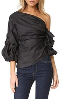 Bella Filosofie lente vrouwen drie kwart mouw blusas solid dames ruches shirt skew kraag vrouwelijke bladerdeeg mouw blouse zwart / S