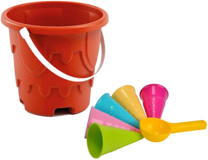 Bella Rood strandemmertje zandkasteel 18 x 16 cm incl. 5 ijsjes zandvormpjes - Strand speelgoed - Zandbak speelgoed
