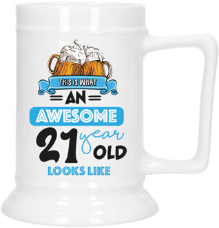 Bellatio Decoration Cadeau Bierpul voor 21 jaar - blauw - grappige leeftijd bierpul - 530 ml