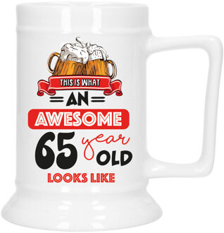Bellatio Decoration Cadeau Bierpul voor 65 jaar - rood - grappige leeftijd bierpul - 530 ml